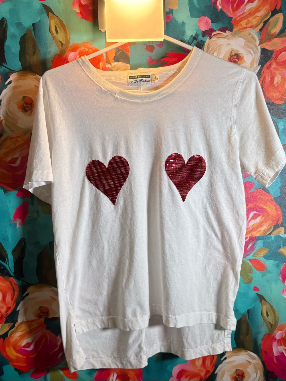 Agyness Deyn for Dr. Martens White Short Sleeve Tee with Red Sequin Hearts